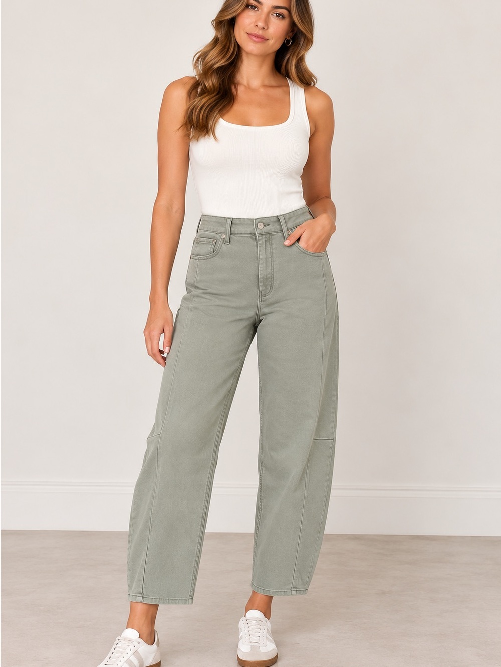 Wonderly Sage Green Barrel Leg Pants Jeans Size 10